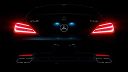 Full image of the rear view of a black Mercedes-Benz CLS with bright neon lights on a black background