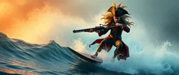 pirate shotgun mozart playing with his wig, looking hot and crazy on a surfboard on a big wave, through fire storm and stone