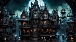 A gritty, full-body shot of an insatiably evil black opal iridescent pearlescent dark Victorian steampunk dollhouse with creepy mechanical dolls in a surreal landscape, with sharp ivory teeth, macabre, Dariusz Zawadzki art style, liminal spaces, horror art, dark gaming background, wet, glossy, horror art, trypophobia, eerie, intricate details, HDR, beautifully shot, hyperrealistic, sharp focus, back lit, 64 megapixels, perfect composition, high contrast, cinematic