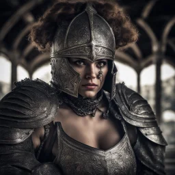 Behold the powerful alluring and pretty portuguese knight woman, her body adorned with the traditional knight armor, HDR, beautifully shot, hyperrealistic, sharp focus, 64 megapixels, perfect composition, high contrast, cinematic, atmospheric, moody