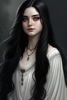 a 16 year old woman, white skin, long wawy black hair, beautiful face, black eyes, in a white dress, realistic epic fantasy style