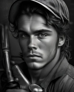 Photoreal young mechanic man , with a spanner in hand by Lee Jeffries