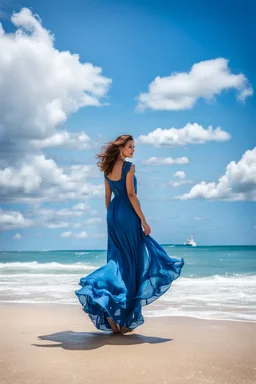 young lady wearing beautiful maxi blue dress standing in beach posing to camera ,ships in sea ,blue sky nice clouds in background