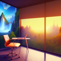 desk, parquet, sheet of paper, little pen, office chair in front of a huge picture window with large view on a waterfall with warm light, sunset ,pixar style, panorama, nature, globe, HD, Hallelujah mountains, view first person