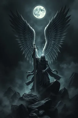 surreal dreamlike scene, stunning warrior fallen angel with sword, mystic gloomy, dark shadows and vertical pale light, stones, rocks, dark vibe, come strom , dark colors, , moon with black darkness, fog, detailed, spalh art, black and white art