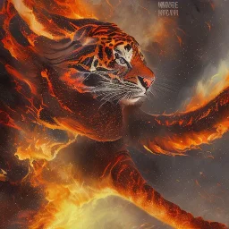 smooth hyper realistic, beautiful Japanese burning lava tiger battle with knight in crown, pale colors, dark cosmos background, extremely sharp detail, finely tuned detail, ultra high definition, 8 k, unreal engine 5, ultra sharp focus, accurate sword wings, positive smile, lot of details, fit within portrait, Ambiance winter, perfect composition, perfect hair, perfect hands, finger up gestures