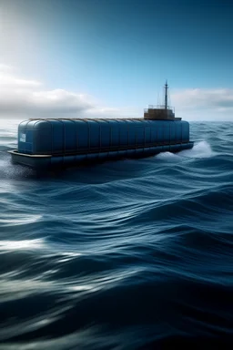 huge battery floating in the ocean and a ship in the background