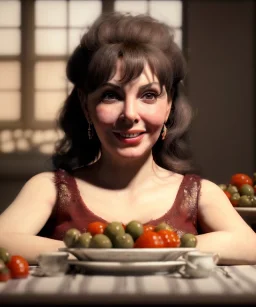 Ultra realistic photographic portrait, happy young Gina Lollobrigida woman sitting with arms resting on Italian kitchen table, pretty ravioli dish, few tomatoes, olive oil, renaissance style decoration, soft color, highly detailed, unreal engine 5, ray tracing, RTX, lumen lighting, ultra detail, volumetric lighting, high definition.