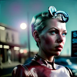Ultra Realistic retro sci-fi movie Supermarket parking people scene, 1960 year, waist up view portrait, 1 blonde women and 1 octopus alien, sweet scarlet Johansson face, perfect iris, glow eyes, face makeup, tight latex coat. many people looking, Retro sci-fi style, soft color, highly detailed, unreal engine 5, ray tracing, RTX, lumen lighting, ultra detail, volumetric lighting, 3d, finely drawn, high definition, high resolution.