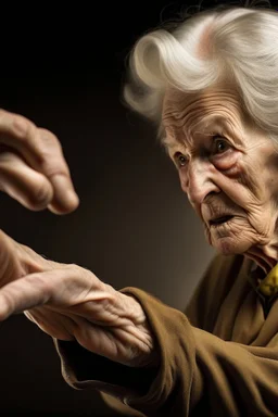 Old woman pointing a finger of her yellowing claw-like hand