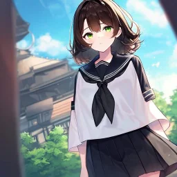 Clear focus, High resolution, short dark brown fluffy hair, green eyes, wearing a black sailor uniform