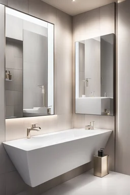 "a sleek and minimalist bathroom design, showcasing a wall-mounted automatic soap dispenser and a stylish contemporary wash basin cabin, inspired by the clean lines of modern architecture, captured with a high-resolution camera, emphasizing the sharp edges and smooth surfaces, minimalist color palette with hints of chrome accents, architectural photography, wide-angle lens to capture the full space, interior design"