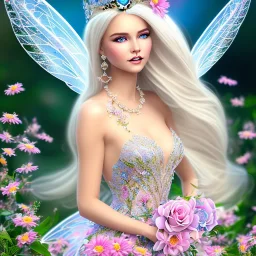 fantasy fairy with transparent wings, smiling, make up, long platinum blond hair with crown and flowers, blue dress, flowers background