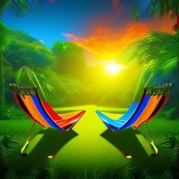 sunset in a tropical jungle with lawn chairs, blue red and yellow