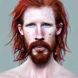 Portrait of young Courtney Gains as a ruggedly handsome, joyful, roguish pirate, charismatic, attractive male, masculine, perfect, precisely detailed clear eyes, unblemished, flawless skin, softly freckled face; meticulously detailed multi-hued ginger carrot-colored cherry fire red hair; fantasy, intricate, elegant, highly detailed, digital painting, concept art, matte, sharp focus, illustration, art by artgerm and greg rutkowski and alphonse mucha