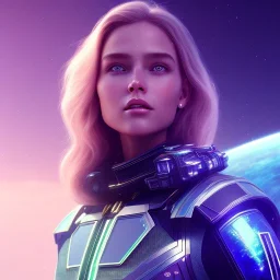 A portrait of a transparent crystalline girl,smiling, longs blond hairs, green eyes, galactic dress, atmospheric, realistic, cinematic lighting, octane render, purple and blue sky, nebula, stars, planets in background, spaceship in background