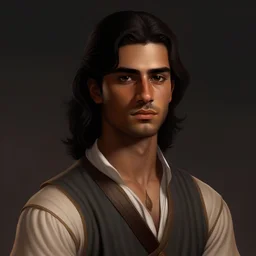 young tanned mediterranean nobleman with sharp features and long straight dark hair industrial era grimdark realistic