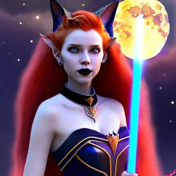 Attractive teenage girl with fire red hair, who is dressed like a witch casting a spell with a quarterstaff on the moon, she has cat ears and open dazzling blue eyes, has a normal nose, background is realistic space, the girl is on a planet, black goth girl dress, full body portrait, arm colors gradient effect into stars, rendered, unity 3d, unreal engine, dslr, hdr, 4k, edited, photorealistic, normal number of appendages, freckles, artists rendered