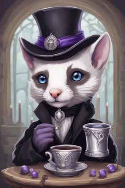 (anthropomorphic white ferret),dressed in ((cleric fantasy)) black and purple clothes with silver holy ornaments, realistic anatomy, fantasy tavern on background, mage and holy symbols around, serious face, hold cup of coffe, tired face, in the style of LOISH, look at the vivewer, blue eyes, cute face