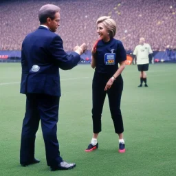 Hilary Clinton in a referee jersey officiating for a soccer match at Wembley Stadium