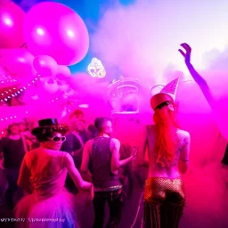 Ultra Realistic photo, medium shot view, drunken dancer sexy women, carnival scene, steampunk. Pink hair, confeti, Sunglasses, smoking, happy, festival, red fog. highly detailed, concept art, unreal engine 5, ray tracing, RTX, lumen lighting, ultra detail, volumetric lighting, 3d, finely drawn, high definition, high resolution.