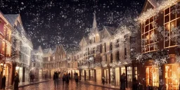 Diagon Alley in christmas night, snow flakes, many three, Christmas decoration, Christmas light, high contrast, best quality, 8k, hight detailed, 3d, render, lumion, shooting star