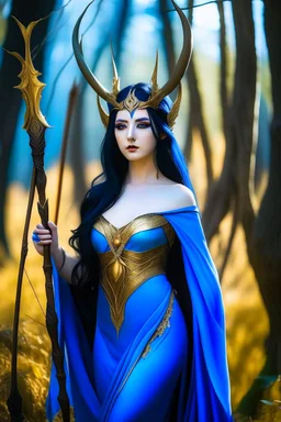 A picture of a beautiful blue faced Korean goddess with skin painted blue, blue body, blue torso, wild black hair, stag antlers, elven ears, golden skirt, holding a staff in a sunny forrest