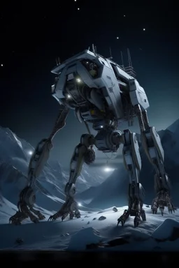 eight legged mechanical walker mech scaling the side of mout everest at night, it has a smooth surface, it has storage pods on its belly human can fit in the pods, it is covered with camera arrays