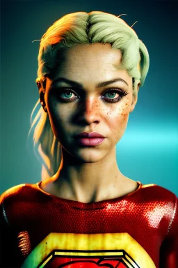 portrait, sweet Shakira, make-up, angry, coca-cola drinking, Realistic image, retro pop, 60s, supergirl, lycra, tights, minimal, sweat, Color background, photo studio, concept art, smooth, unreal engine 5, god lights, ray tracing, RTX, lumen lighting, ultra detail, volumetric lighting, 3d, finely drawn, high definition, 4k.