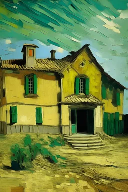 a painting by van gogh of af house with a huge hole in the roof