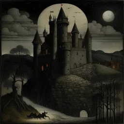 A black castle with a moon dragon painted by Pieter Bruegel the Elder