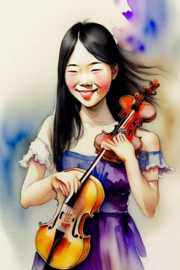 A cute smiling asian girl is holding a violin. Watercolour