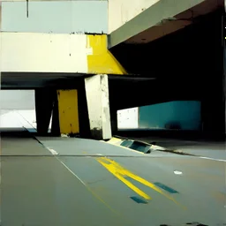 Minimal abstract oil paintings desolate 1960s carpark concrete fragments rough paint graffiti . style of Justin Mortimer and Francis Bacon. road markings.