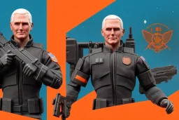 packaging label Mike pence g.i. joe toy With a gun space force uniform action figure, fluorescent orange, pricetag, snowcat