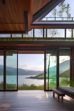 Terrasse de Maison montagne design bois et béton devant baie en verre avec vue sur un lac Lumière soleil couchant