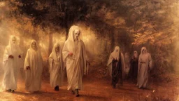 A group of ghostly figures in long white robes walking through a dark, hazy forest landscape