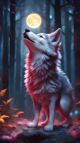 Kawaii, Cartoon,Baby Wolf, bully, All Body howling at the Moon, Horror lighting with red, yellow pink and blue colors, in the night forest, Caricature, Realism, Beautiful, Delicate Shades, Lights, Intricate, CGI, Botanical Art, Animal Art, Art Decoration, Realism, 4K , Detailed drawing, Depth of field, Digital painting, Computer graphics, Raw photo, HDR