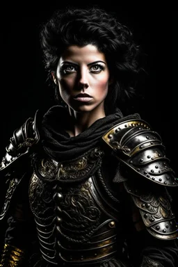 A portrait of a Warrior woman, black hair, beautiful, heavy armor, Caravaggio style