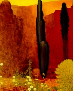 A yellow desert with cactuses designed in ancient Egyptian pottery painted by Gustav Klimt