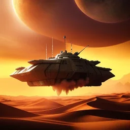 volumetric dramatic desert Battle scene with futuristic hovering military armored Hovercraft painted by chris foss, floating, 4k, 8k, Minutiae, highly detailed, With laser Turret, Yellow pennant, hovering, stripes, sunset, duststorm, nimbus clouds]