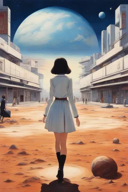 Mitzura Arghezi, Rudolf Koivu, Per Gustavsson, Haruyo Kawashima, Junko Mizuno, Yumiko Igarashi, Surrealism, wonder, strange, bizarre, fantasy, Sci-fi, Japanese anime, deserted square, Mars with a diameter of 3 meters floating on the ground, a beautiful high school girl in a miniskirt sitting at a study table observing Mars, perfect voluminous body, a glass orbital elevator that reaches to the sky in the distant background, detailed masterpiece