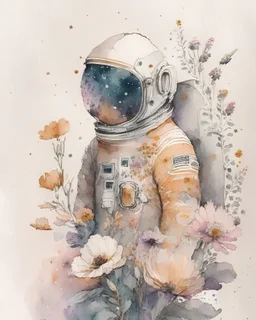 "floral astronaut" hand-drawn watercolor, muted tones, flowers everywhere, REALISTIC