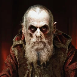 very grainy discolored modern photo, closeup portrait, dark ancient hall with no lights, grunge, extremely old male with chalk-white skin wearing old dashing and opulent gilded clothes, threatening, imposing, nosferatu