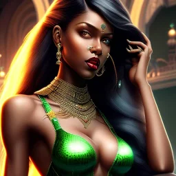 fantaisy setting, insanely detailed, woman, indian, dark skinned, green hair strand