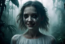 realistic scene surrealis horror super close up girl face, white dress, creepy smiling, jungle background, bold mist, fog, cinematic, dramatic lighting