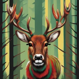 Deer with red-brown fur and green and white stripes with a black fuzzy neck ruff and yellow face stripes on face with stagbeetle-pinsers for antlers, background forest, in pop art style