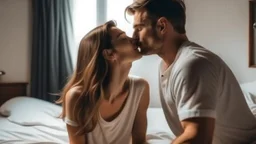 Couple in love kissing on the bedroom at home. Loving boyfriend and girlfriend sharing love together.