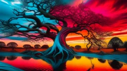 A colorful, surreal landscape with a twisted, gnarled tree in the foreground. The tree's branches extend across the frame, creating an abstract, dreamlike composition. In the background, there is a body of water reflecting the vibrant colors of the sky and surrounding environment