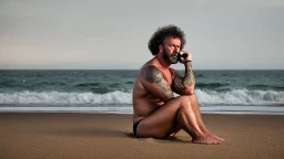 photography of a sicilian baywatcher burly sweat chubby 52 years old , swimwear, manly chest ,tattoo, curly hairs, beard, sitting on a beach chairs at the beach at midnight , illuminated by bonfire, photorealistic, 8k, Canon EOS, 35mm lens, , unreal engine, greg rutkowski, loish, rhads, beeple, makoto shinkai and lois van baarle, ilya kuvshinov, rossdraws, tom bagshaw, alphonse mucha, global illumination, detailed and intricate environment