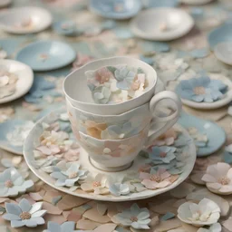 Floral mosaic made from pieces of tiles and broken pieces of porceline teacups and saucers, soft hues, delicate craftwork. 8k, octane render.